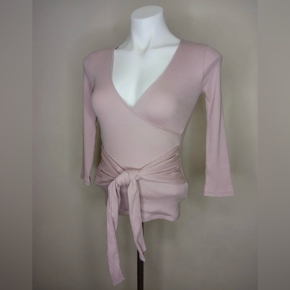 Express One Eleven Ribbed Wrap Tie Top XS Blush Pink Long Sleeve - Picture 2 of 12